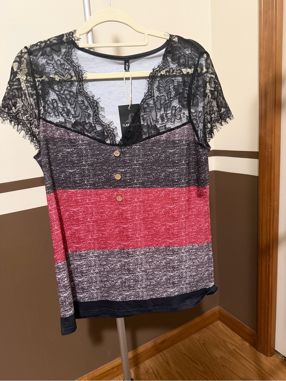 Flamingals Red and Charcoal Striped Lace Yoke Short Sleeve Top NWT